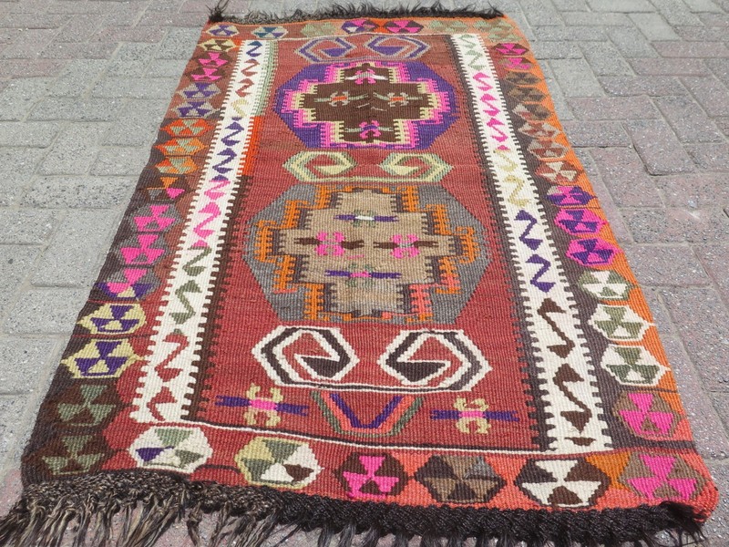 Vintage Turkish Brown Orange Geometric Accent Rug Kelim Carpet 56"X34" gallery