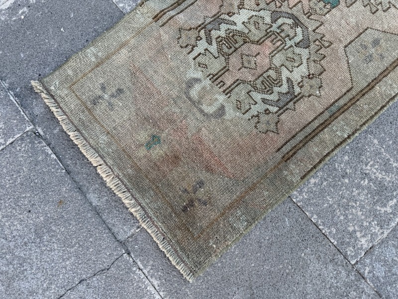 One of a Kind Turkish Rug 1.6x3.9 Ft Handmade Wool Vintage Green Accent Rug gallery