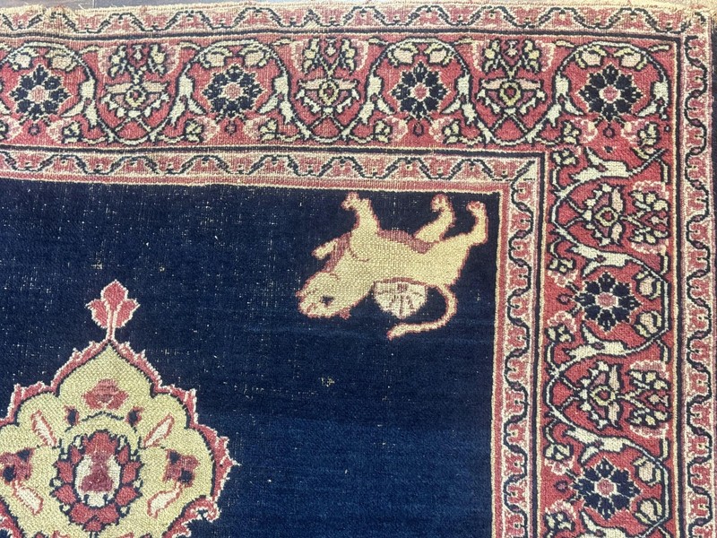 Antique Per'sian Rug 4x6 Semi Open Field Navy Blue Lion Pictorials gallery