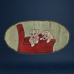 Antique Hand Hooked Dog Rug Folk Art Dogs Puppies Wool 19.5 x 37 Oval Primitive