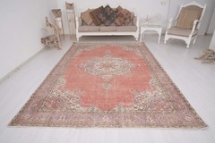 7×10 Turkish Oversize Vintage Rug Neutral Handmade Oushak Large Faded Rug 415