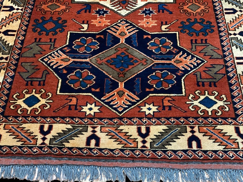 Antique Vintage Kazak Russian Area Rug 4x6 Vegetable Dye Rust Red Hand-knotted gallery