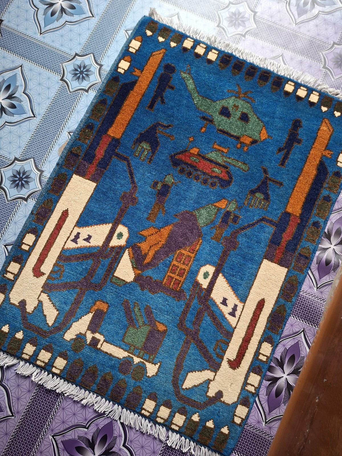 S108 War Rug Handmade Knotted Afghan Tribal Vintage Pictorial 9/11 Rug 86×63 Cm gallery