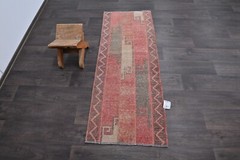 Vintage Turkish Runner Rug 2x5ft Wool Anatolian Handmade Hallway Oushak PINK