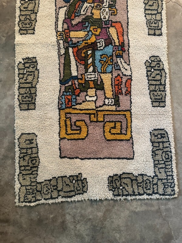 4' X 7' Vintage Mexican Zapotec hand-woven shag rug ,Aztec/Mesoamerican figure gallery