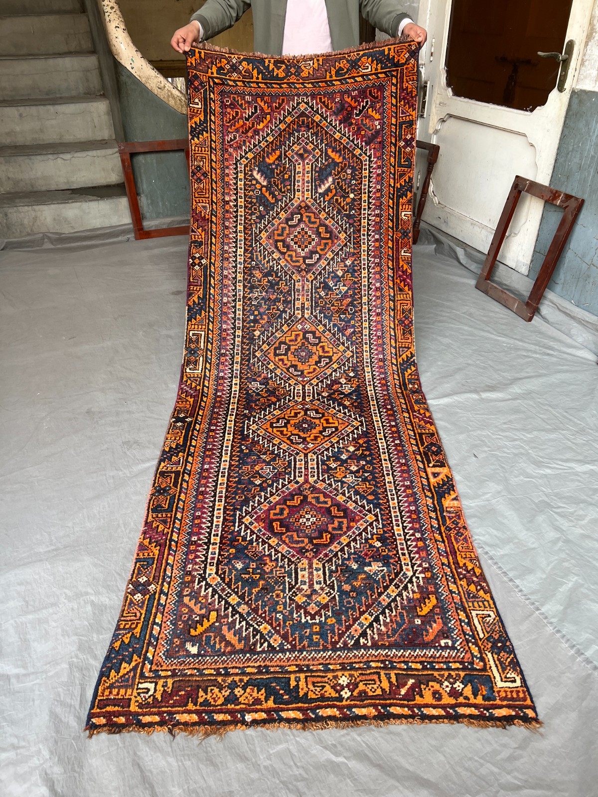 Antique Caucasian Runner Rug 3x8'7 Hand Knotted Geometric Medallion Hallway Rug gallery