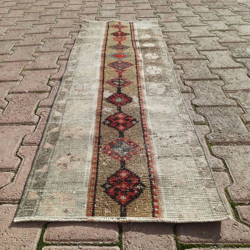 2x5 ft Faded Beige Vintage Turkish Wool Runner With Teal Accents - Tariff Free gallery