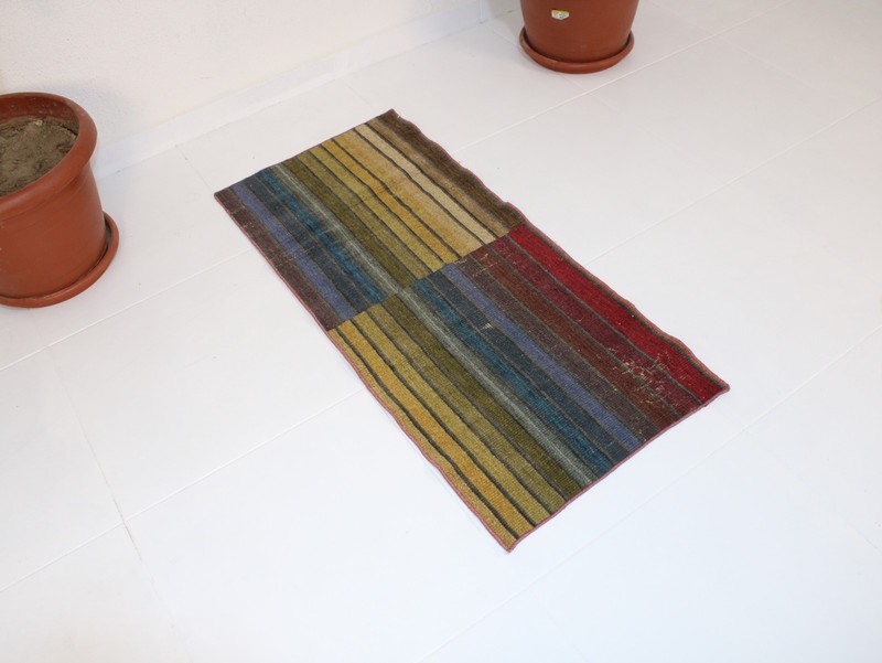 One of a Kind Vintage Turkish Rug 1.6 x 3.4 Ft – Handmade Wool Blue Red Yellow gallery