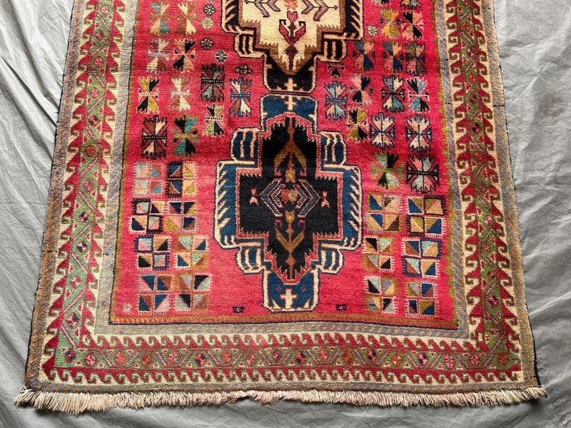 3'2x9'3 ft Vintage Caucasian Kazak Hand Knotted Wool Red Tribal Medallion Runner gallery