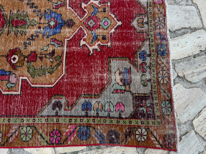 Handmade Vintage Area Rug 4x8 Red Cotton Distressed Carpet Medium Size Anatolian gallery