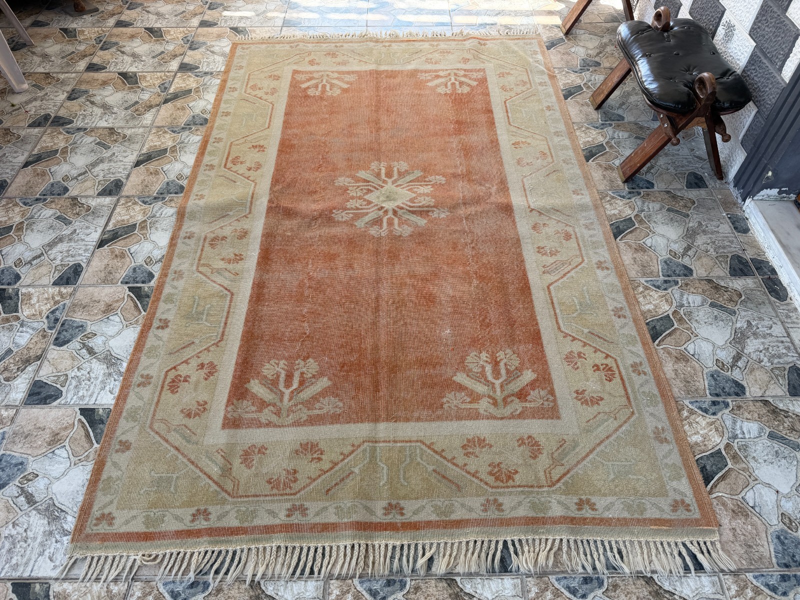 1990s Vintage Turkish Oushak Rug, Tribal Handmade Geometric Area Carpet 5x8 ft gallery