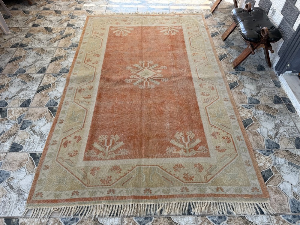 1990s Vintage Turkish Oushak Rug, Tribal Handmade Geometric Area Carpet 5x8 ft