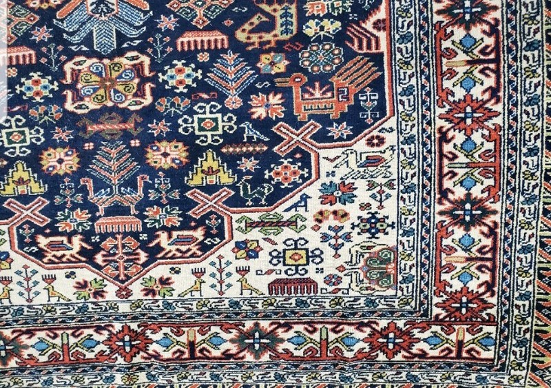 VINTAGE TRIBAL KURDISH RUG WITH ANIMALS AND WOOL FRINGE gallery