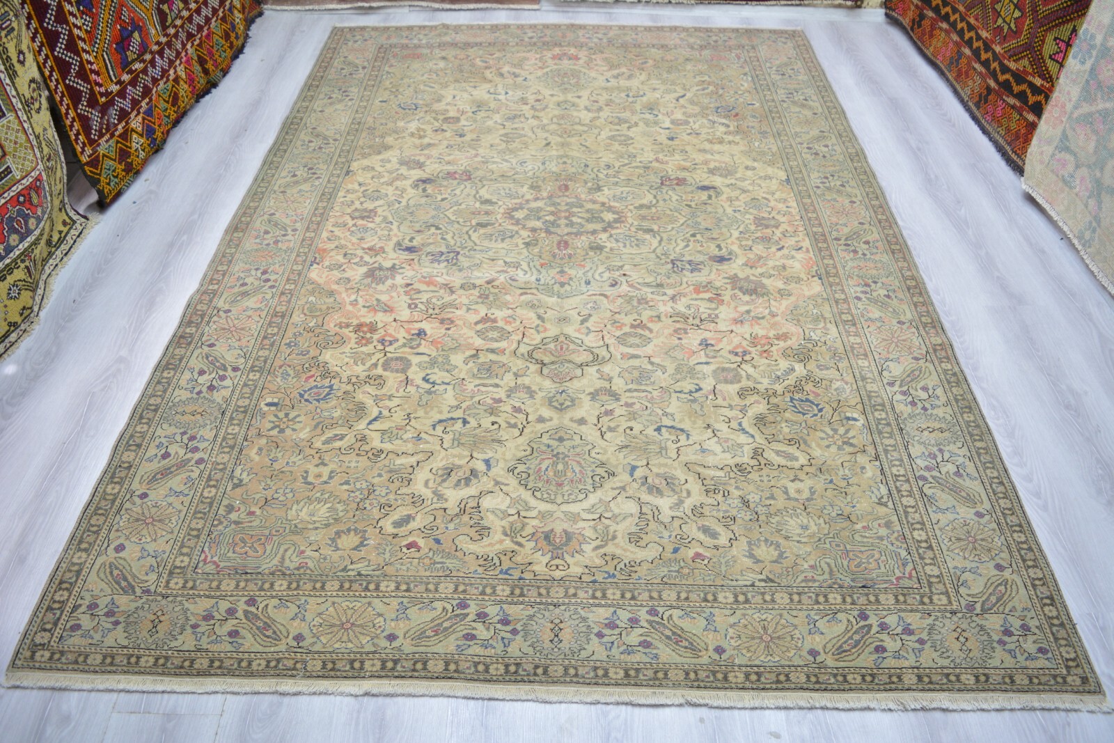 Beige Antique Handmade Rug, 6.4x9.5ft, Beige Green Turkish Bordered Rug, gallery