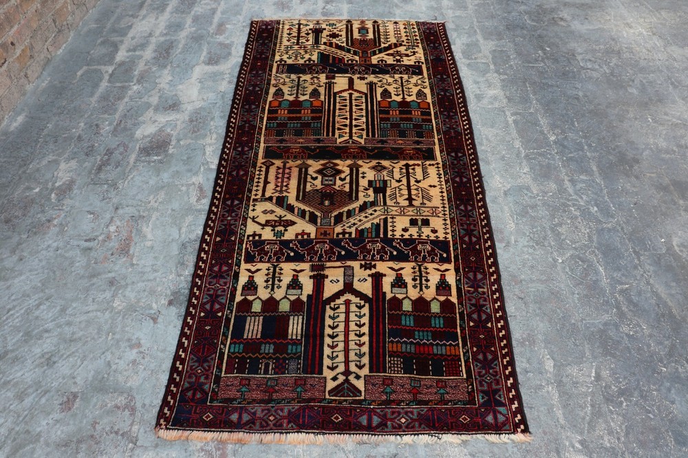 Fabulous Afghan Handmade Tribal Baluchi Pictorial Rug 7'4 x 3'1 Ft