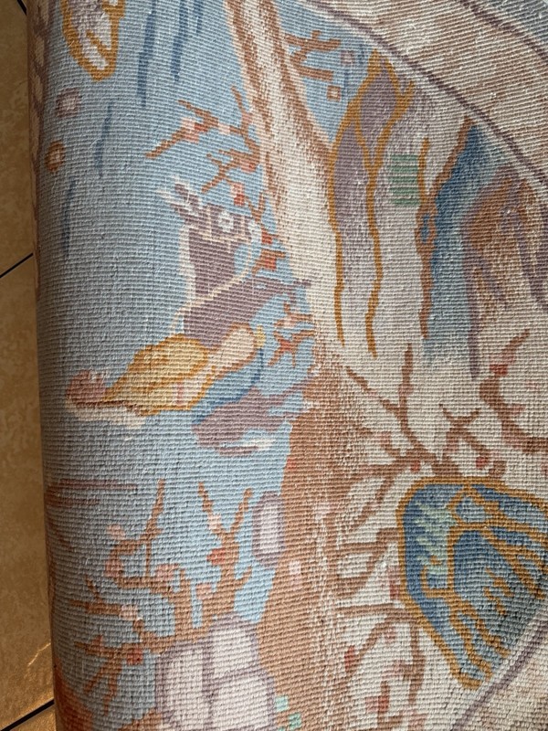 1970's ART DECO CHINESE OVAL RUG 4ft X 6ft SCENERY DESIGN Blue SOFT WOOL Bonsai gallery