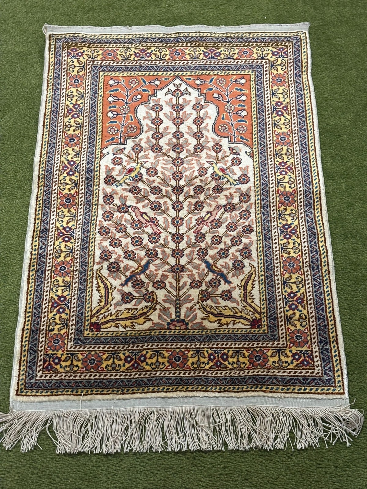Vintage Turkish Tree of Life Prayer Rug Silk, Ready to Hand, 24.5 x 16.5" gallery