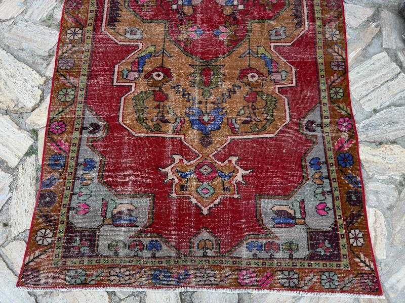 Handmade Vintage Area Rug 4x8 Red Cotton Distressed Carpet Medium Size Anatolian gallery