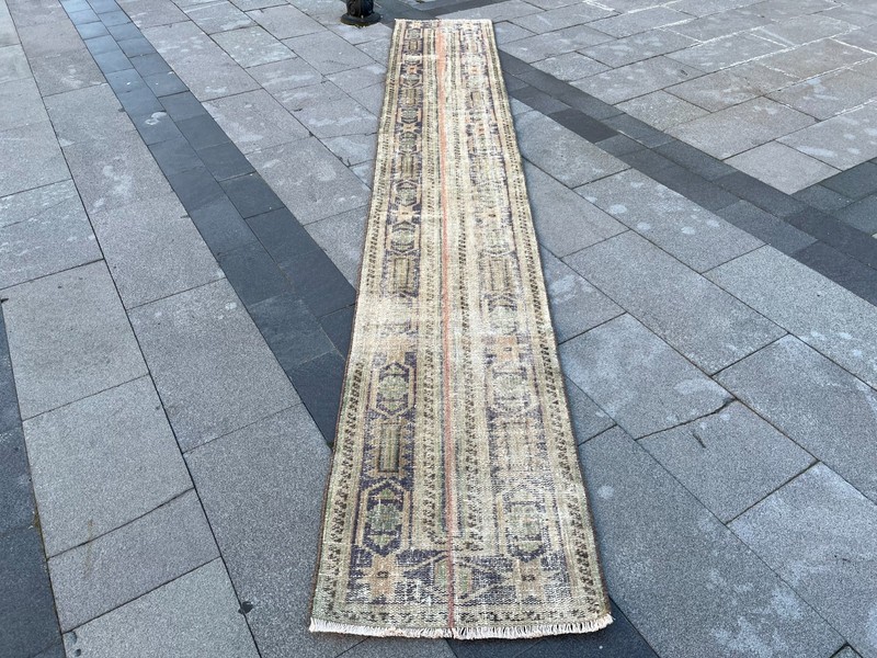 Vintage Turkish Oushak Runner Rug 1.8x11.4 ft Hand-Knotted Beige Indigo Wool gallery
