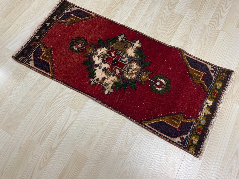 Antique Turkish Rug 1.4x3.1 ft Vintage Deep Red Tribal Small Runner Boho Mat gallery