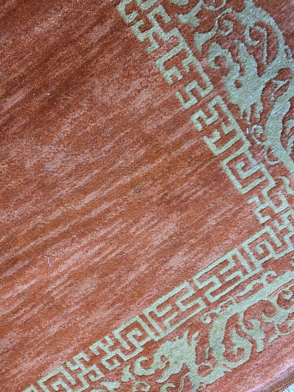 Vintage Chinese Terracotta Orange Dragon Rug Hand Knotted Wool Border Art Deco gallery