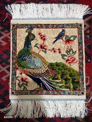 Sherazi Silk Machine Made Rug 1x1ft Persian Peacock Pictorial Bird Cream Mat