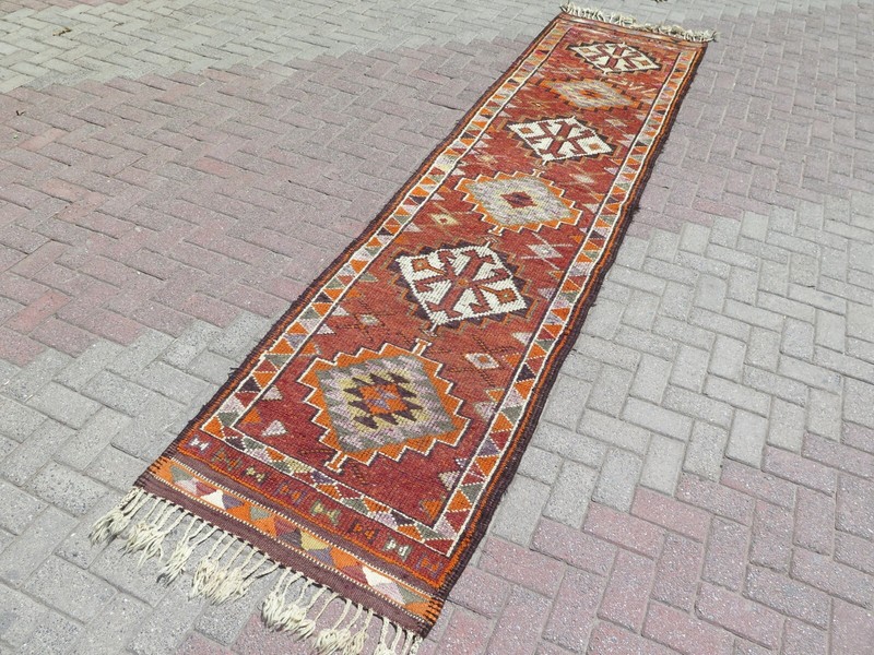 Authentic Vintage Turkish Herki Runner Rug Handmade Wool Geometric Carpet3x12 ft gallery