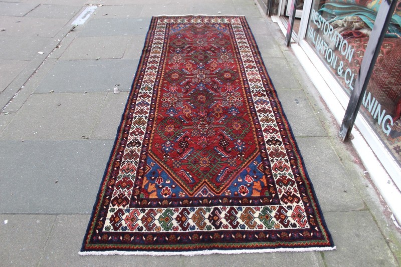Vintage Hand Made Traditional Oriental Wool Red Blue Long Rug Runner 317x110cm gallery