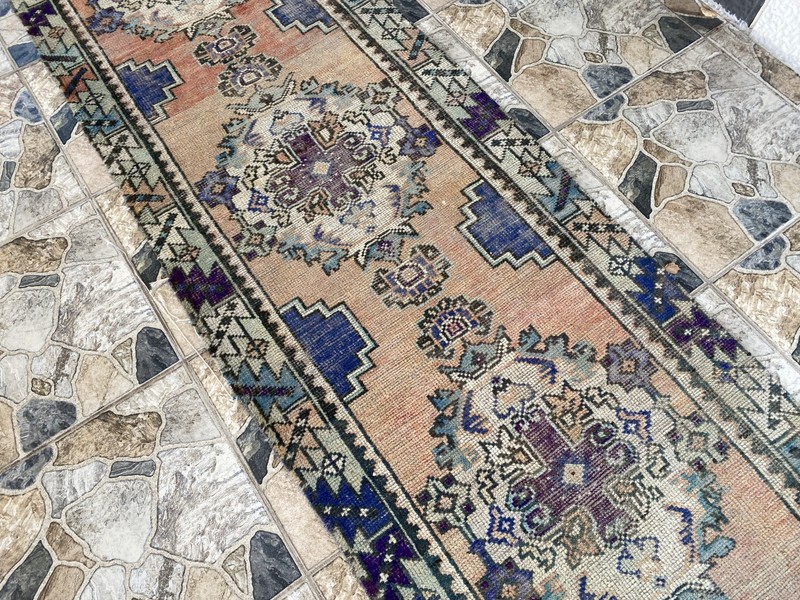 1970s Vintage Turkish Runner Rug | 2.5 x 10.3 ft Hand-Knotted Wool Geometric Rug gallery