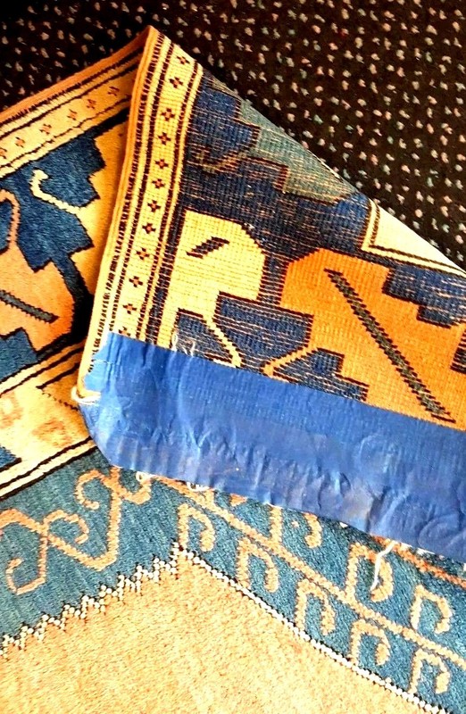 Vintage Turkish Oriental Rug (75 x 66 inches) PEACH and BLUE or 5'5 x 6'3 vgc gallery