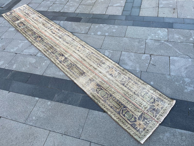 Vintage Turkish Oushak Runner Rug 1.8x11.4 ft Hand-Knotted Beige Indigo Wool gallery