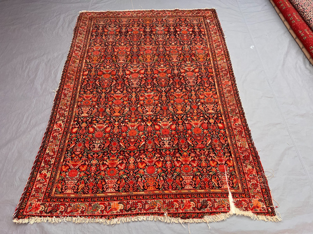 4'4x6'4 Ft Antique Caucasian Rug Wool Geometric Floral Red Patterned Carpet