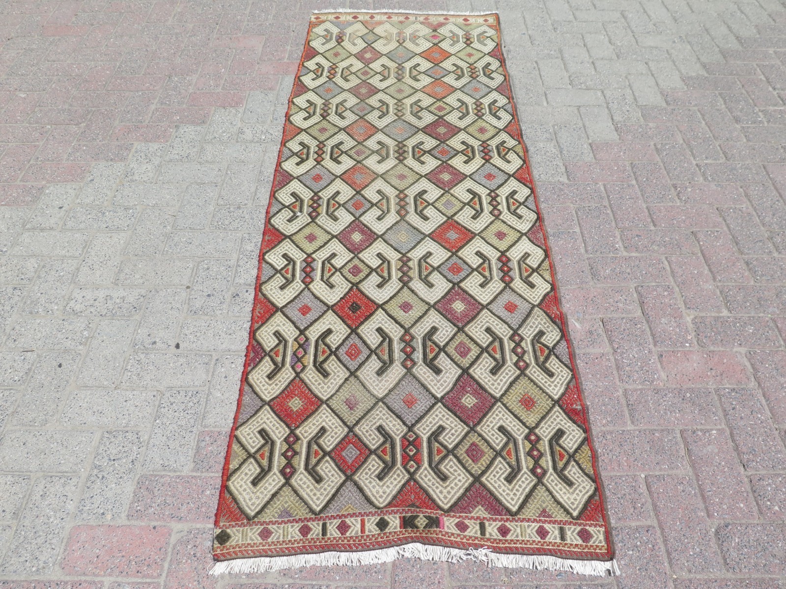 Long Multicolor Diamonds Vintage Runner Rug, Handwoven Turkish Kelim 30"x84" gallery