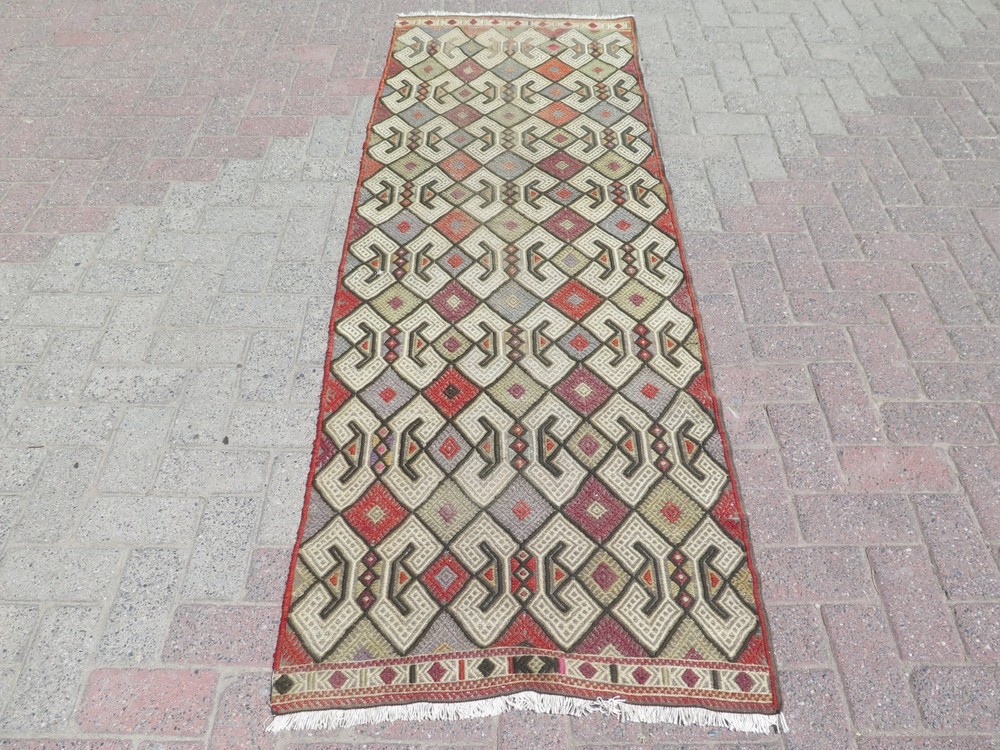 Long Multicolor Diamonds Vintage Runner Rug, Handwoven Turkish Kelim 30"x84"