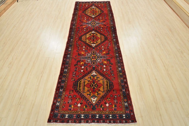 Vintage Tribal Runner 3’7” x 10’5” Red Wool Geometric Hand-Knotted Oriental Rug gallery