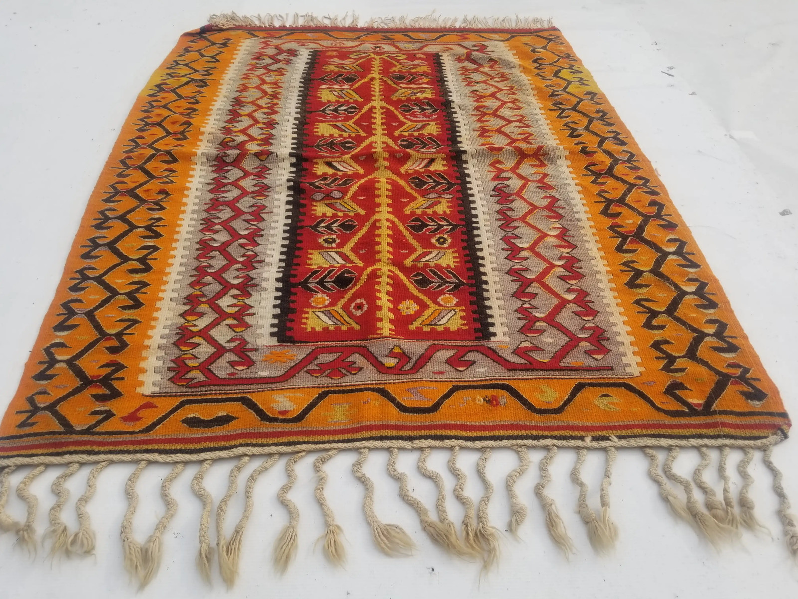 Distressed Vintage Traditional Handmade Kazak Caucasian Wool Kilim 4.11x3.6ft gallery