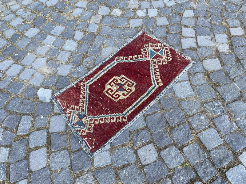 Vintage Turkish Rug, Hand-Knotted Wool, Ruby Red Ivory Muted Boho Accent Rug gallery