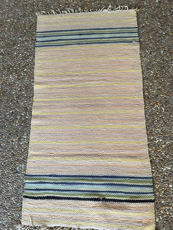 Vintage Handwoven Wool Rug 24.5"x48.5" Pastel Striped Flat Weave MCM gallery