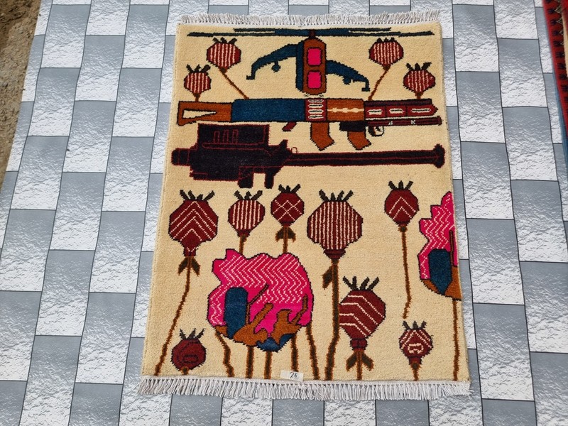 Afghan Hand Opium Flower War Rug Tribal Wool With Knotted Wall Hanging Rug gallery