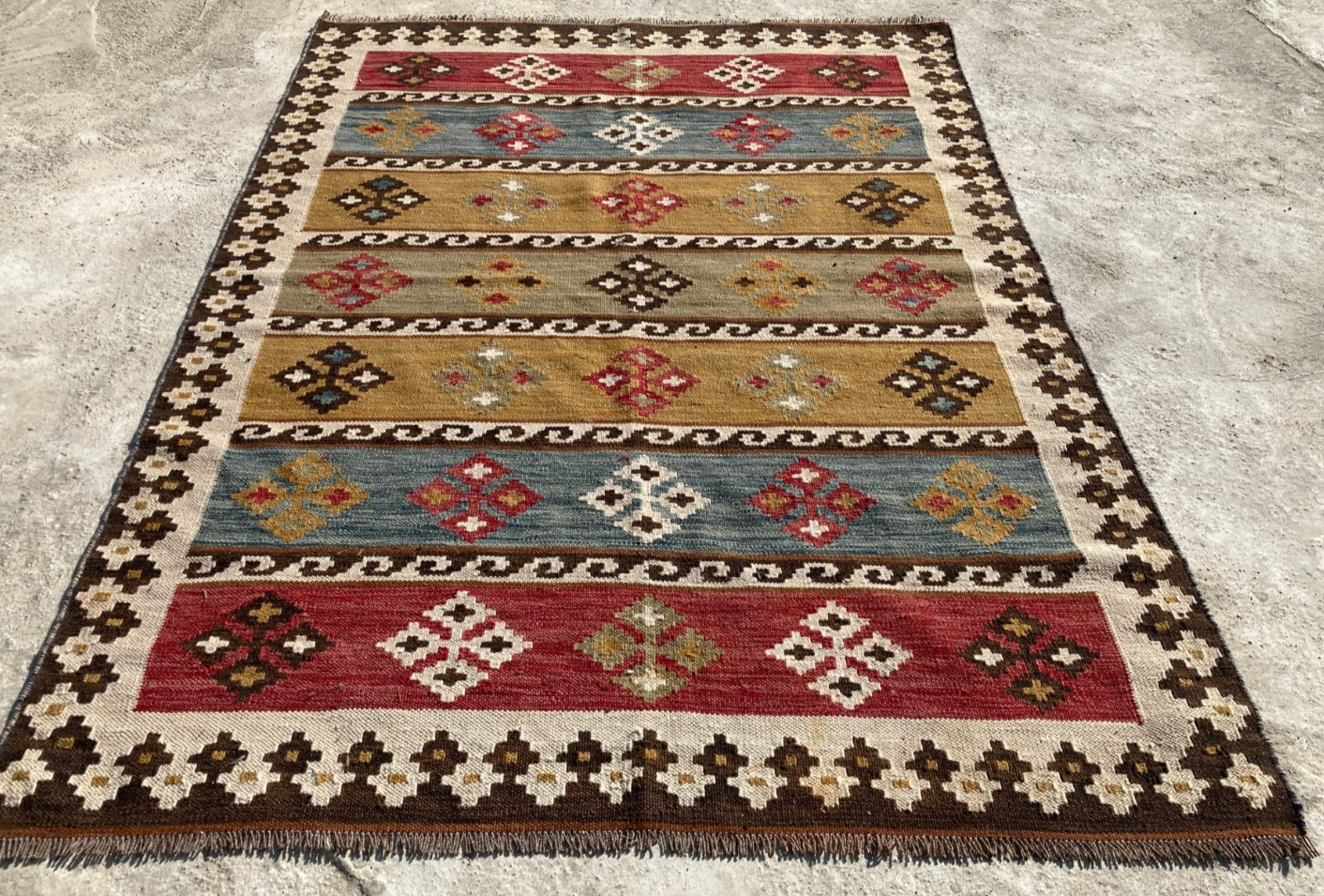 Vintage Traditional Handmade Turkish Geometric Wool Kilim Floor Rug 234x163 cm gallery