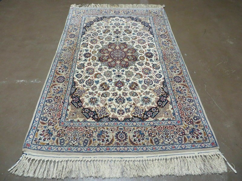 Per'sian Rug 3x6, Fine 650 KPSI, Hand Knotted, Ivory, Kork Wool on Silk gallery
