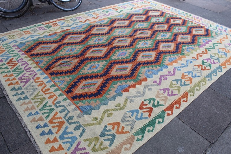 Kilim Vintage Traditional Hand Made Oriental White Wool Large Kilim 343x253cm gallery