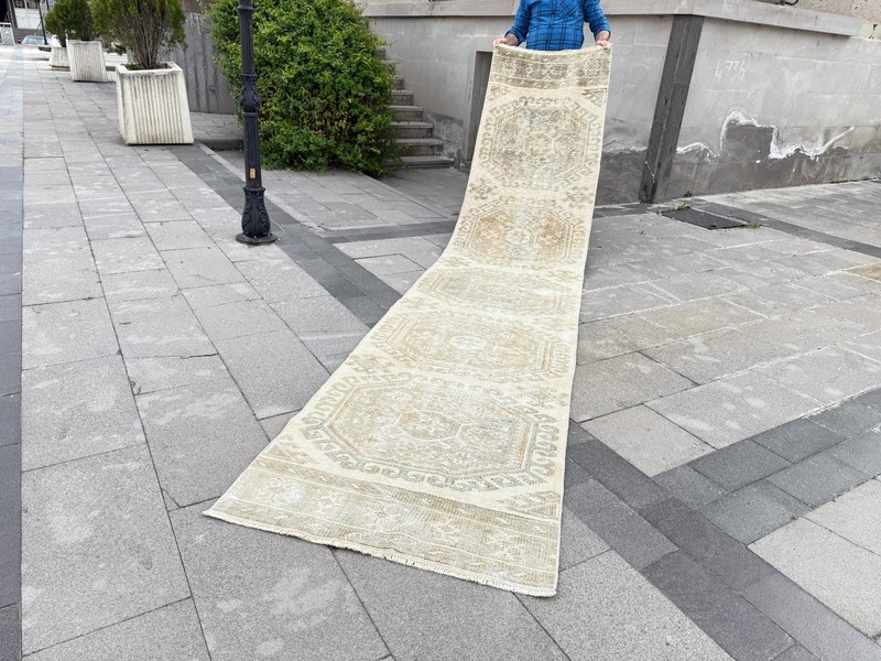 Vintage Oushak Runner Rug 2.7x12.6 ft Neutral Beige Muted Turkish Hallway gallery