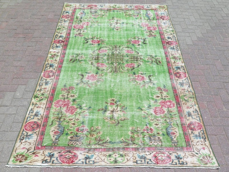Vintage Turkish Handmade Carpet, Green Distressed Large Floor Boho Rug 75"x111" gallery