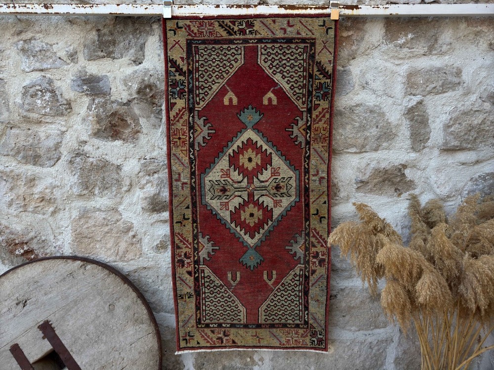 Hand-Knotted Vintage Geometric Carpet 2x5 Red Wool Medium Size Bedroom Rug
