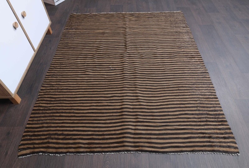 Vintage Turkish Hand-Knotted Mohair Wool/Cotton Brown Kilim Area Rug 4’5” X 6’ gallery