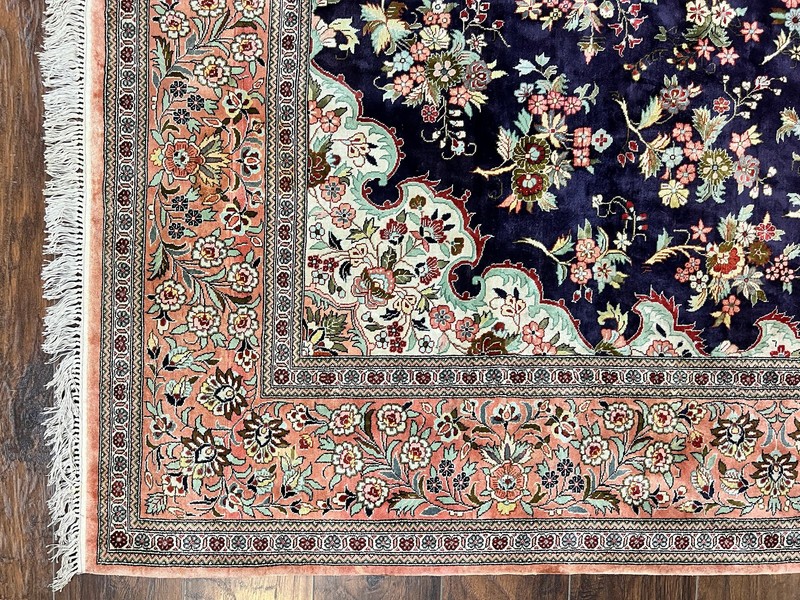 Stuning Silk Oriental Rug 7x9 Fine Handmade Navy Blue & Salmon Floral Medalion gallery
