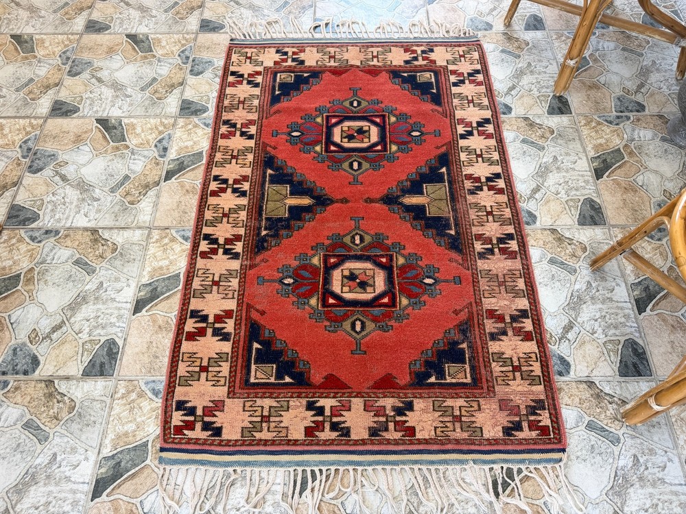 Vintage Tribal Turkish Rug Hand-Knotted Wool Farmhouse Geometric Area Rug 3x4 ft