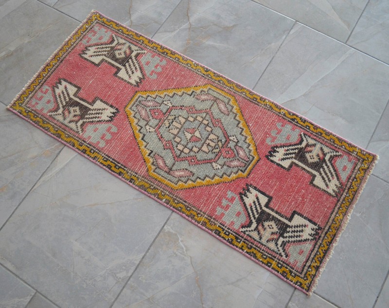 Vintage Distressed Small Area Rug Hand Knotted Oushak Rugs Yastik - 1'7" x 3'7" gallery