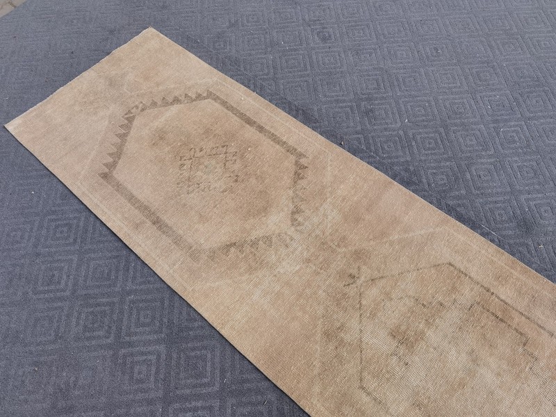 Neutral Runner Rug 3x14 Cream Brown Vintage Turkish Oushak Distressed Beige Rug gallery